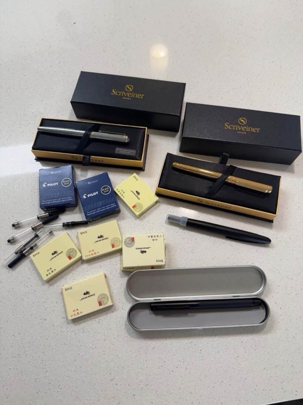 Scriveiner Fountain Pen Set With Ink Refills In Gold & Silver + Pilot & Jinhao C